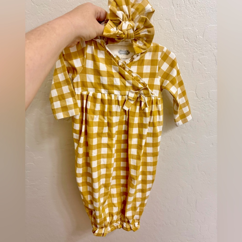 Mud Pie Mustard Gingham Gown & Headband Set 0–3M